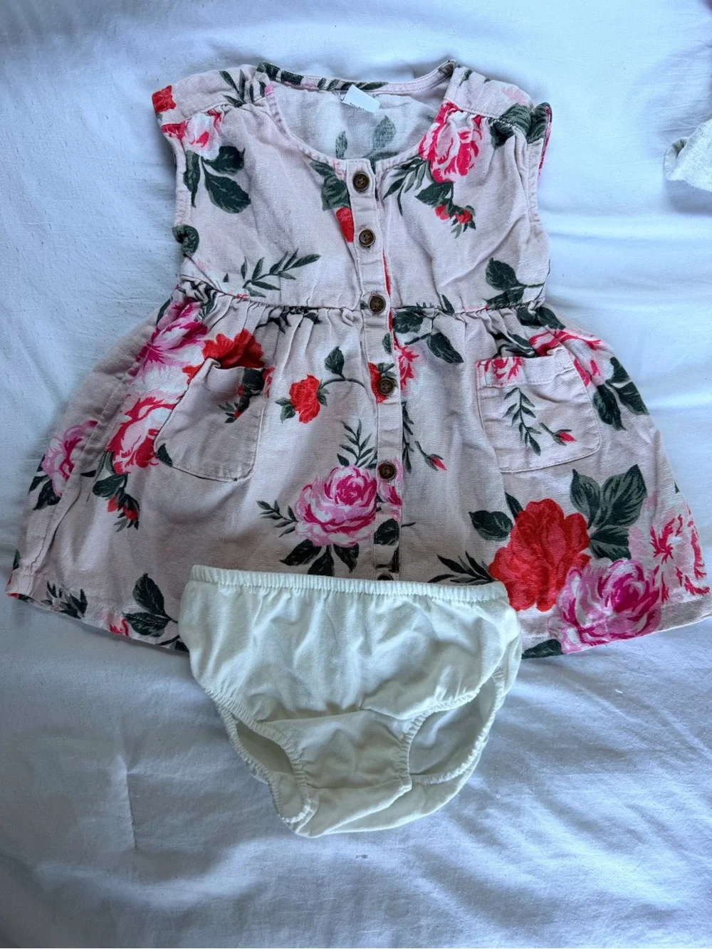 Old Navy Pink Floral Linen Blend Dress with White Bloomers | 6-12 months